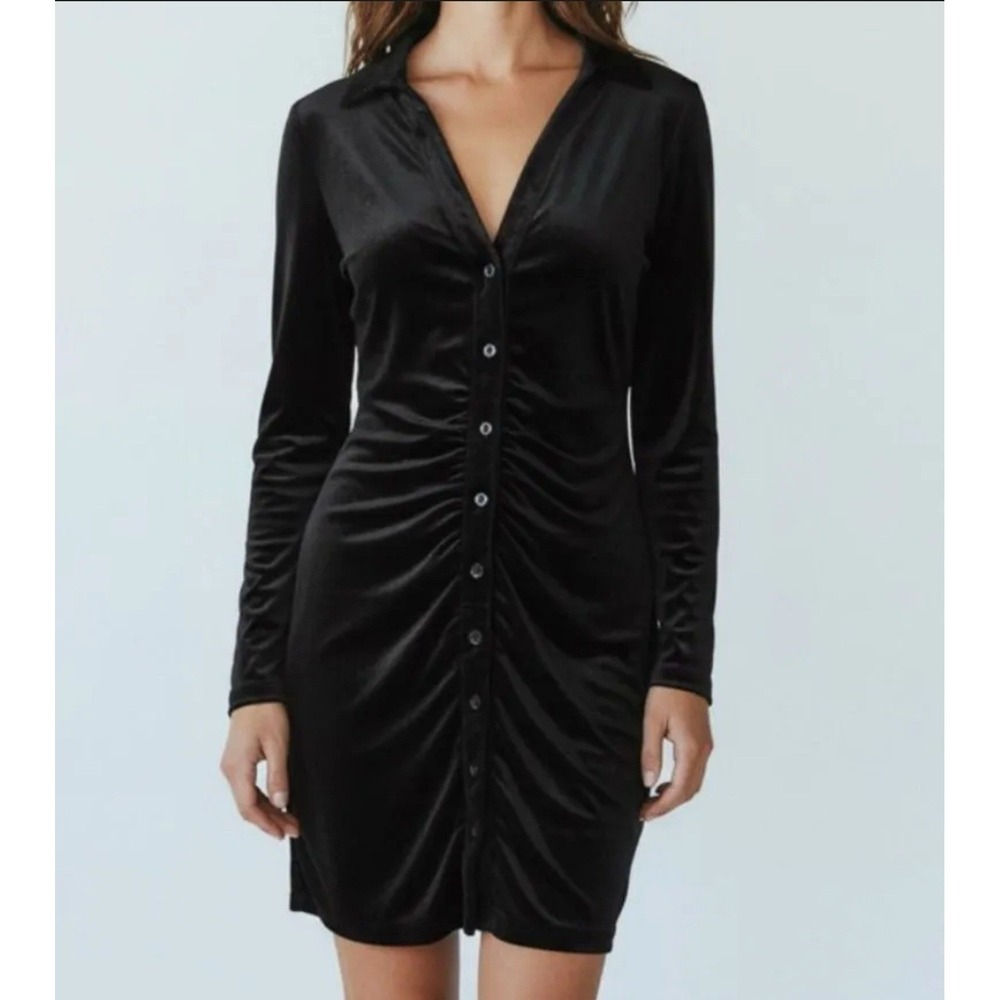 Free People Dress Women S Black Night Shimmer Ruched Button Front Mini OB1231641